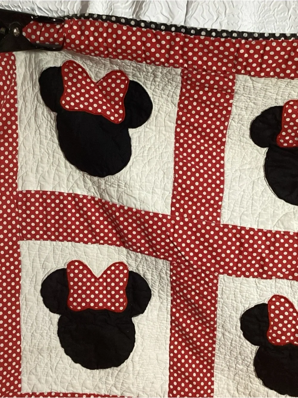 Vintage Handmade Minnie Mouse Themed Baby Quilt Red White Black Polka Dots